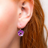Hand-Painted Purple Poppy Drop Earrings in Silver and Amber