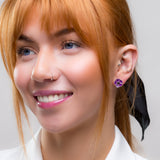 Hand-Painted Purple Poppy Stud Earrings in Silver and Amber