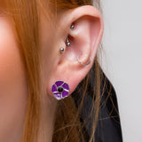 Hand-Painted Purple Poppy Stud Earrings in Silver and Amber