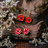 Red Poppy Flower Hook Earrings in Silver with 24ct Gold and Amber
