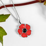 Hand-Painted Poppy Flower Necklace in Silver and Amber