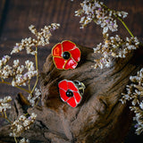 Hand-Painted Poppy Flower Pin in Silver with 24ct Gold and Amber