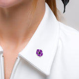 Hand-Painted Purple Poppy Flower Pin in Silver and Amber