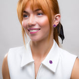 Hand-Painted Purple Poppy Flower Pin in Silver and Amber