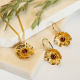 Poppy Flower Necklace in Silver with 24ct Gold and Garnet