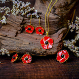 Hand-Painted Poppy Flower Stud Earrings in Silver with 24ct Gold and Amber