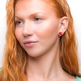 Hand-Painted Poppy Flower Stud Earrings in Silver with 24ct Gold and Amber
