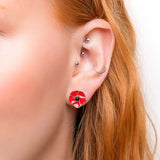 Hand-Painted Poppy Flower Stud Earrings in Silver with 24ct Gold and Amber