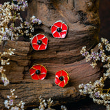 Hand-Painted Poppy Flower Stud Earrings in Silver with 24ct Gold and Amber
