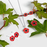 Red Poppy Flower Hook Earrings in Silver and Amber