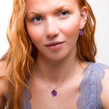 Hand-painted Purple Poppy Flower Necklace in Silver and Amber