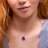 Hand-painted Purple Poppy Flower Necklace in Silver and Amber