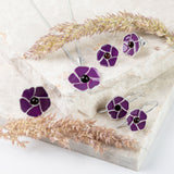 Hand-Painted Purple Poppy Drop Earrings in Silver and Amber