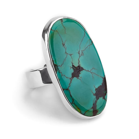 Oval Tibetan Turquoise Statement Ring - Natural Designer Gemstone