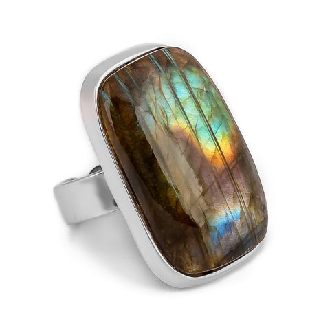 Rainbow Flash Labradorite Statement Ring - Natural Designer Gemstone