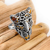 Large Magnificent Leopard Head Adjustable Ring in Silver and Amber