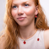 Red Poppy Flower Hook Earrings in Silver with 24ct Gold and Amber