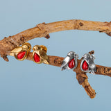 Miniature Robin Stud Earrings in Silver with 24ct Gold and Coral