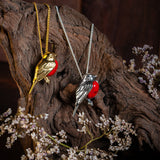 Large Winter Robin Necklace in Silver and Coral