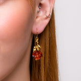 Single Stem Rose Drop Earrings in Silver with 24ct Gold and Amber