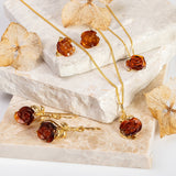 Single Stem Rose Drop Earrings in Silver with 24ct Gold and Amber