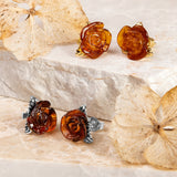 Rose Stud Earrings in Silver with 24ct Gold and Amber
