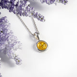 Round Charm Necklace in Silver and Yellow Amber