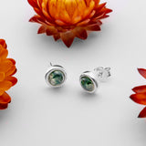 Small Round Stud Earrings in Silver and Moss Agate