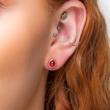Small Round Stud Earrings in Silver with 24ct Gold and Ruby