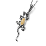 Small Lizard Necklace in Silver and Milky Amber
