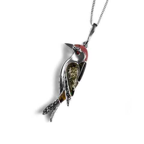 Woodpecker Necklace in Silver, Coral and Amber