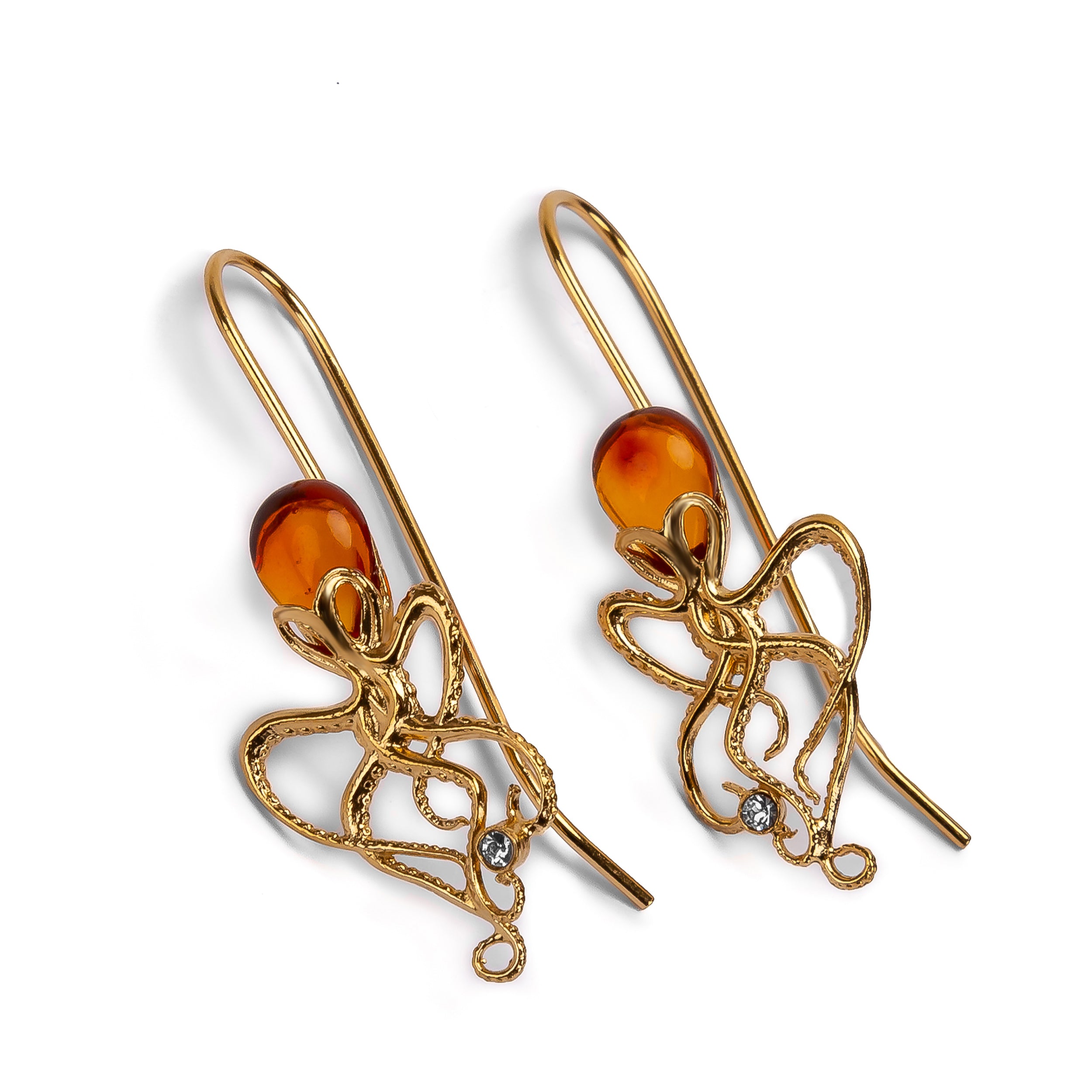 Octopus Earrings in Silver and Amber