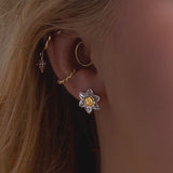 Daffodil Flower Stud Earrings in Silver and Yellow Amber