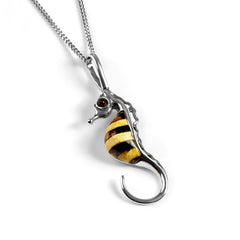 Tiny Seahorse Necklace in Silver and Amber