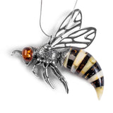 Large Hornet Bee Necklace in Silver and Amber