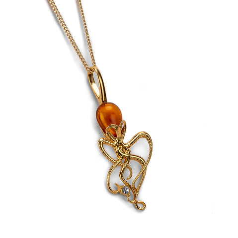 Octopus Necklace in Silver with 24ct Gold & Amber