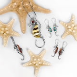 Large Striped Seahorse Necklace in Silver and Amber