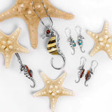 Seahorse Drop Earrings in Silver, Milky Amber and Turquoise