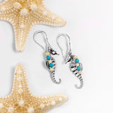Seahorse Drop Earrings in Silver, Milky Amber and Turquoise