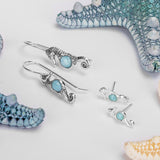 Miniature Seahorse Hook Earrings in Silver & Larimar