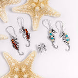 Seahorse Drop Earrings in Silver, Milky Amber and Turquoise