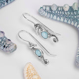 Miniature Seahorse Hook Earrings in Silver & Larimar