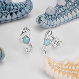 Miniature Seahorse Stud Earrings in Silver & Larimar