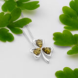 Lucky Shamrock / Clover Necklace in Silver & Green Amber