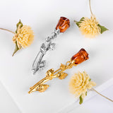 Single Stem Rose Brooch in Silver and Cognac Amber