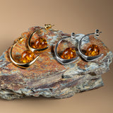 Single Stone Sphere Hoops Silver with 24ct Gold and Amber