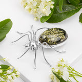Handmade Large Spider Brooch in Silver and Green Amber