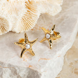 Starfish Stud Earrings in Silver with 24ct Gold & Pearl