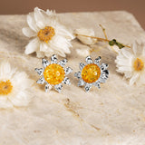 Sunflower Stud Earrings in Silver and Yellow Amber