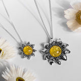 Small Sunflower Necklace in Silver and Yellow Amber